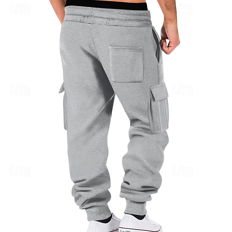 Men's Fleece Pants Sweatpants Joggers Trousers Cargo Sweatpants Elastic Waist Drawstring Multi Pocket Plain Comfort Sports Outdoor Daily Fashion Casual Black White Micro-elastic4