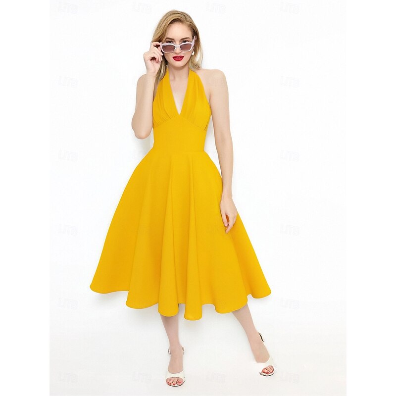 Women's 1950s Audrey Hepburn Halter Swing Dress 100% Cotton Flare Dress Retro Vintage Dailywear Tea Party Casual Daily Sleeveless Fit & Flare Dress Christmas
