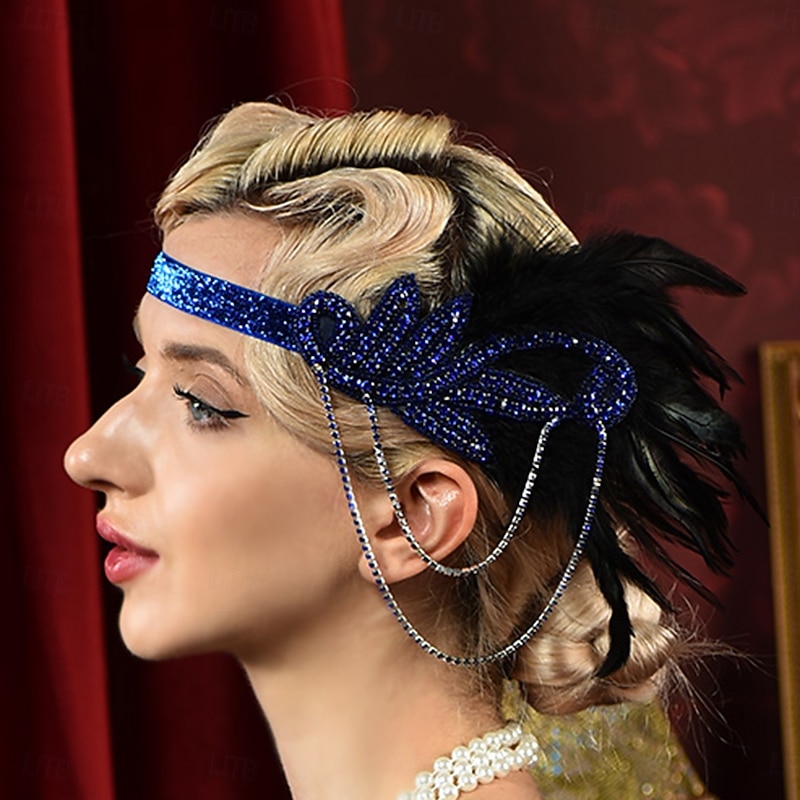 Women's 1920s Gatsby Flapper Headband - Rhinestone Feather Hair Accessory with Chains for Retro Themed Parties and Roaring Twenties Events4
