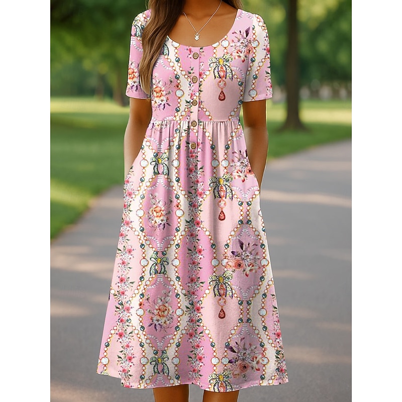 Women's Midi Dress Casual Dress Sundress A Line Dress Summer Dress Vacation Casual Beach Holiday Loose Fit Floral Graphic Short Sleeve Crew Neck Pink Blue Purple Green Summer Fall - Main Image