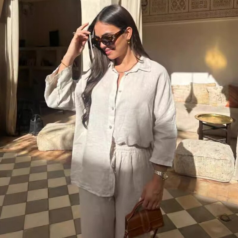 Women's 100% Cotton Elegant Vacation Vintage Shirt Pants Sets Long Sleeve Shirt Collar Solid Color Vacation Office Work Black White Army Green Summer Regular Fit2