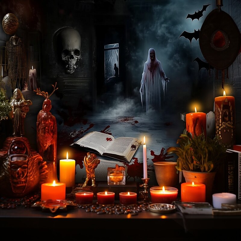 Halloween Horror Wall Tapestry – Haunted Room with Bloody Books, Ghost, Skull and Bats, Scary Wall Hanging for Party, Bedroom, Living Room  2025 Halloween Decoration4