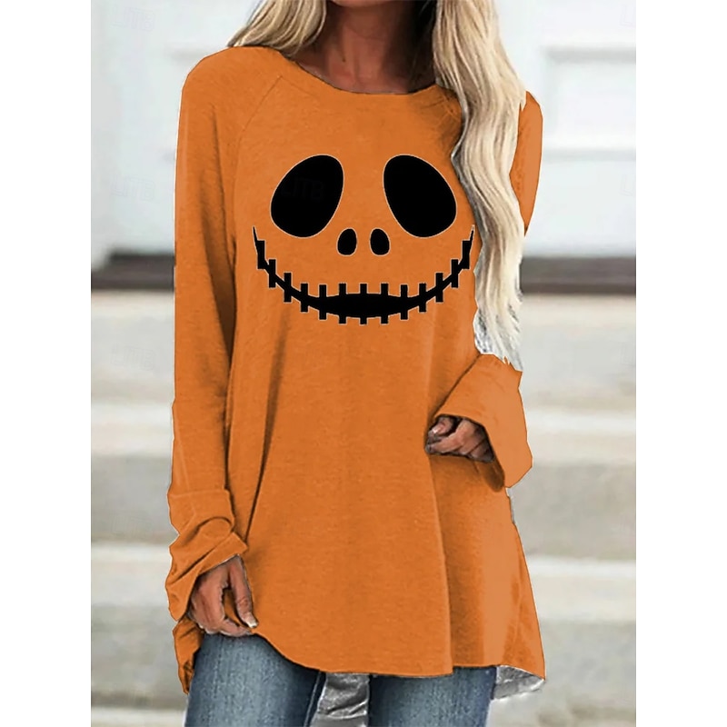 Halloween Women's T shirt Pumpkin Long Sleeve Graphic Ghost Vintage Stylish Classic Long Sleeve Crew Neck Round Neck Long Tops Daily Print White Red Orange Spring Fall Prefall