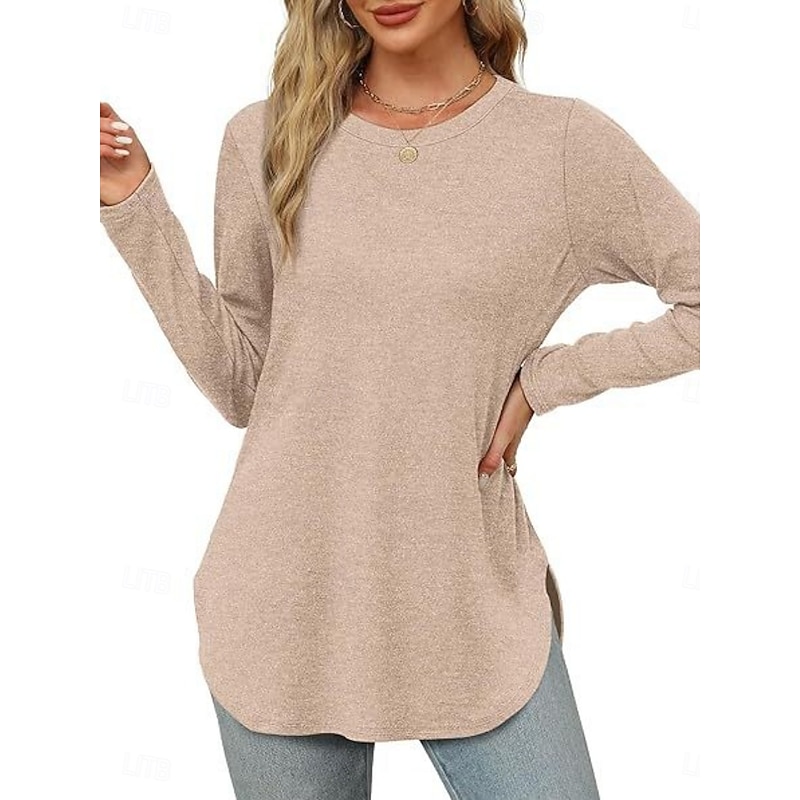 Women's Blouse Solid Color Stylish Casual Long Sleeve Crew Neck Long Tops Daily White Fuchsia Green Apricot  Spring Prefall
