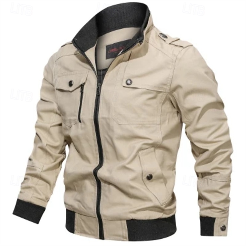 Men's Lightweight Jacket Cargo Jacket Casual Jacket Vacation Daily Pocket Spring Fall Plain Fashion Classic Stand Collar Regular Black Wine Khaki Army Green Dark Blue Jacket