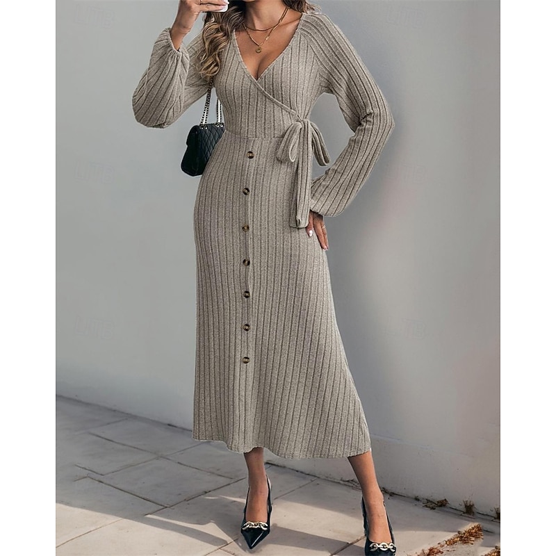 Women's Midi Dress Knit Dress Casual Dress Fashion Modern Daily Date Weekend Regular Fit Plain Long Sleeve V Neck Khaki Fall Winter