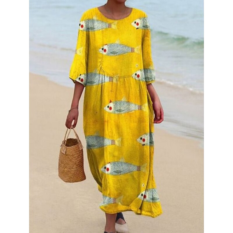 Women's Midi Dress Casual Dress Print Dress Fashion Modern Daily Beach Weekend Regular Fit Fish 3/4 Length Sleeve Crew Neck Yellow Red Blue Spring Fall Autumn2