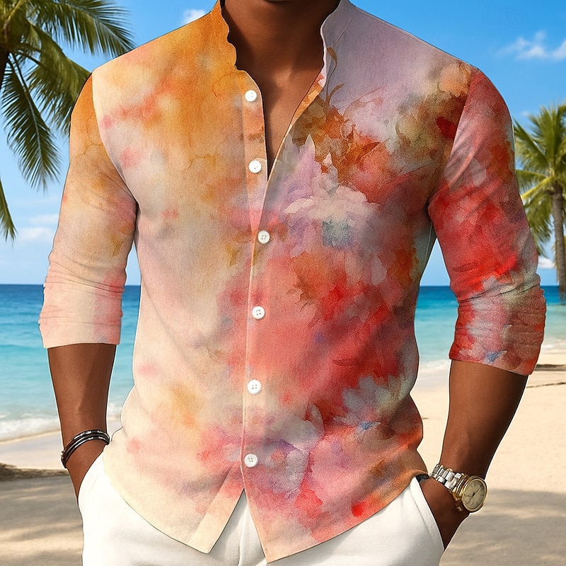 Men's Floral Print Gradient Color Flowers Shirt Button Up Shirt Stand Collar Shirt Long Sleeve Fashion Casual Outdoor Vacation Daily Spring Fall Mandarin Collar Band Collar 3D Print Linen Like Shirt3