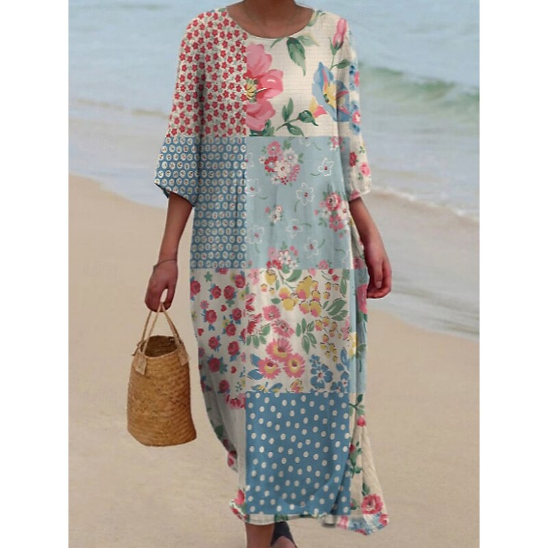 Women's Midi Dress Casual Dress Print Dress Fashion Modern Daily Beach Weekend Regular Fit Floral Color Block 3/4 Length Sleeve Crew Neck Yellow Blue Fuchsia Green Spring Fall Autumn