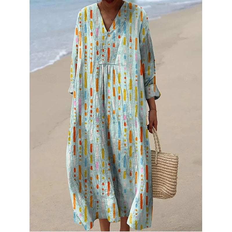 Women's Midi Dress V Neck Long Sleeve Kaftan Lightweight Loose Fit A Line Dress Casual Boho Going out Graphic Geometric Stripe Long Sleeve V Neck Black Yellow Light Green Red Fall2