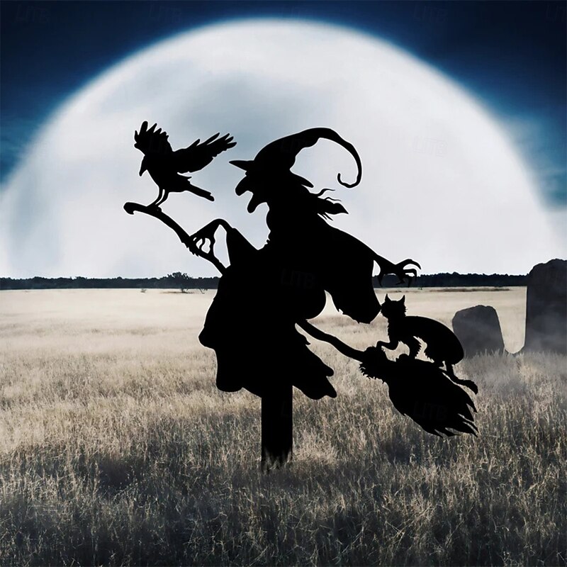 1pc Witch with Broomstick Metal Garden Stake - Iron Outdoor Halloween Decor with Cat & Crow Freestanding Fall Thanksgiving Yard Sign No Electricity Needed Spooky Home Decoration Halloween