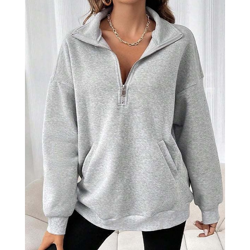 Women's Pullover Sweatshirt Sweatshirts Plain Streetwear Casual Long Sleeve Turtleneck Regular Tops Street Holiday Half Zipper Quarter Zipper Zipper Black Red Gray Fall