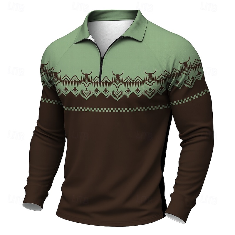 Men's Graphic Western Wear Polo Long Sleeve Polo Shirts Casual Western Style Outdoor Daily Wear 3D Print Quarter Zip Polo Spring Fall Winter Black Blue Brown3