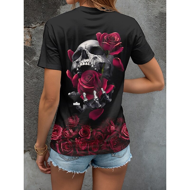 Halloween Women's T Shirt Skulls Floral Graphic Vintage Stylish Classic Short Sleeve Crew Neck Round Neck Regular Tops Daily Weekend Print Black and White Black Yellow Red Blue Summer Fall2