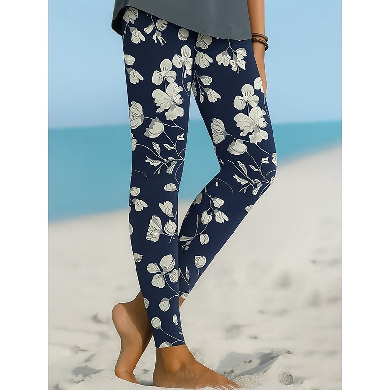 Women's Leggings Vacation Vintage Ethnic Style Ankle-Length High Waist Floral Graphic 3D Print Quick Dry Breathability Soft Stretchy Outdoor Home Causal Black Navy Blue Green Spring Fall Slim Fit