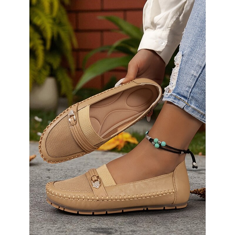 Women's Gray Mesh Moccasin Loafers – Breathable Slip-On Driving Flats with Buckle Detail for Work, Casual Days & Autumn Strolls3