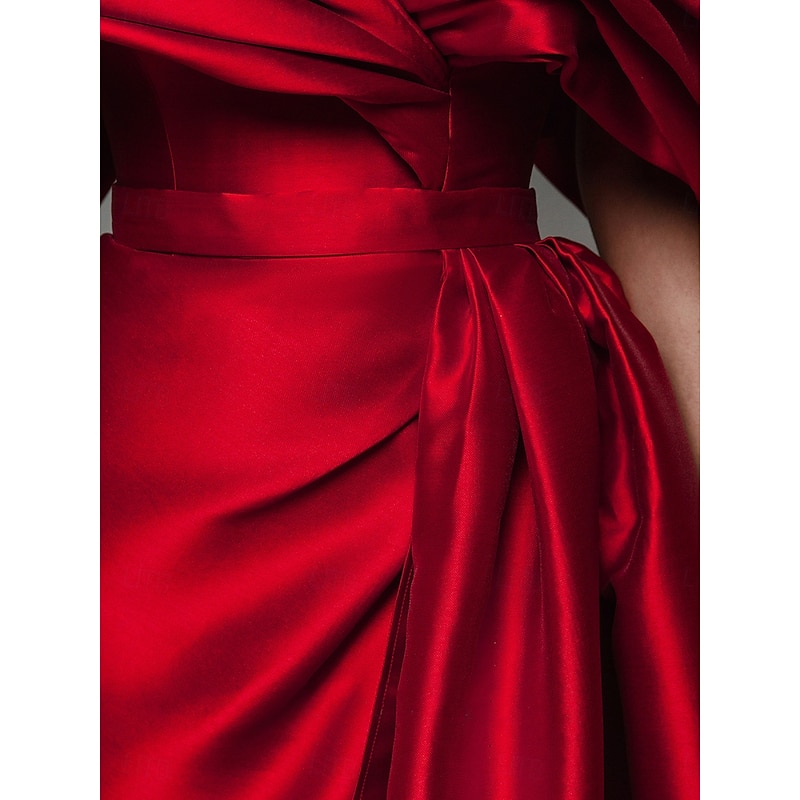 Red A-Line Evening Gown Elegant Dress Formal Wedding Court Train Sleeveless Off Shoulder Satin Slit with Ruched and Pleats3