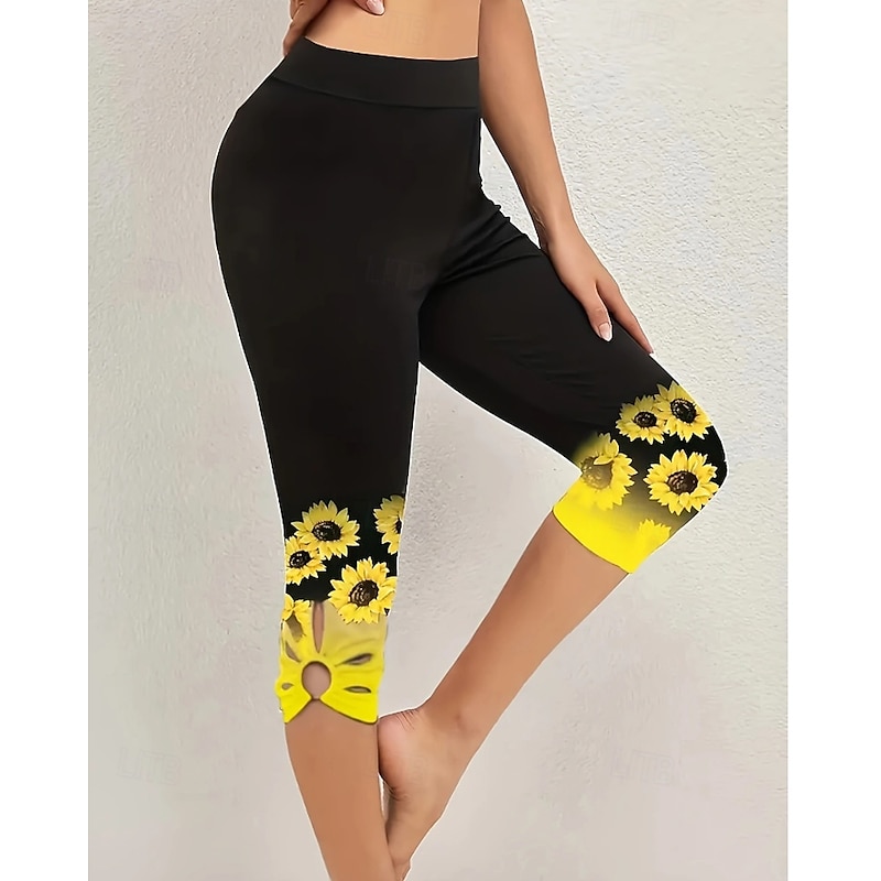 Women's Slacks Leggings Cozy Leggings Streetwear Casual Calf-Length Natural Flower Elastic Waist Print Soft Street Holiday Daily Wear Black Fall Regular Fit