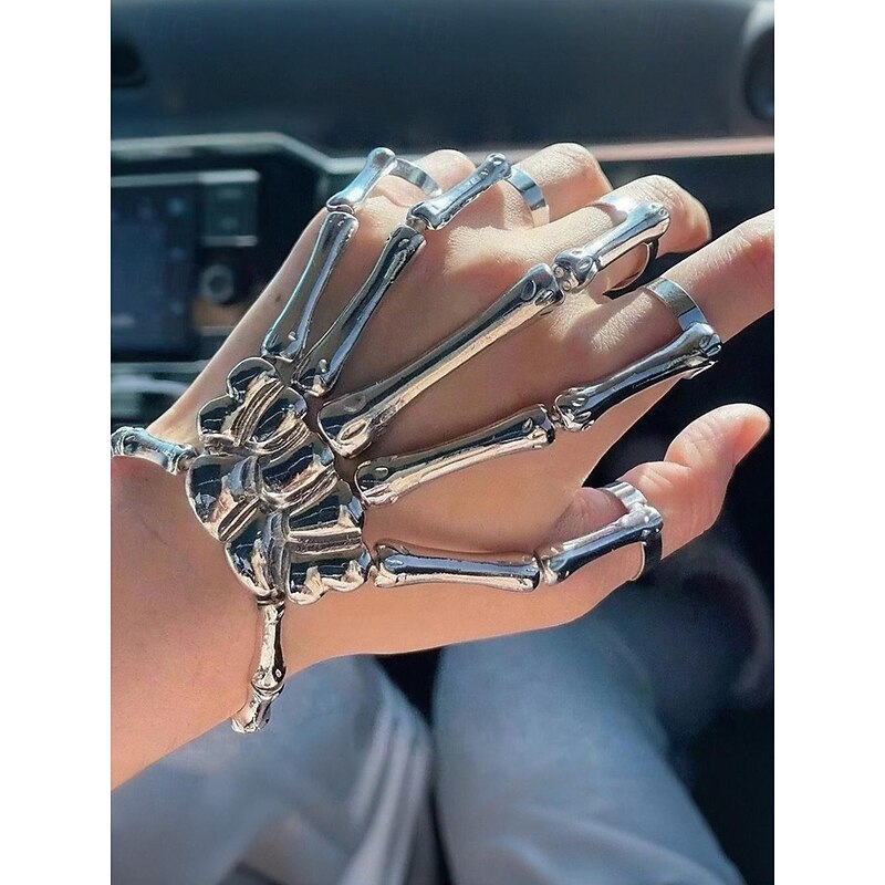 Women's Halloween Alloy Skeleton Hand Bracelet – Adjustable Punk Gothic Style Finger Rings for Parties and Cosplay4
