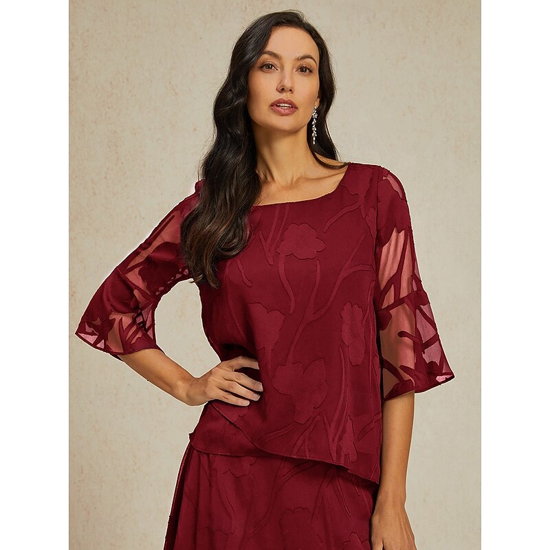 Women's Lace Shirt Blouse Dressy Tops Chiffon Tops Solid Color Floral Flower Elegant Stylish 3/4 Length Sleeve Bell Sleeve Boat Neck Regular Tops Wedding Guest Work Daily Asymmetric Hem Wine Summer