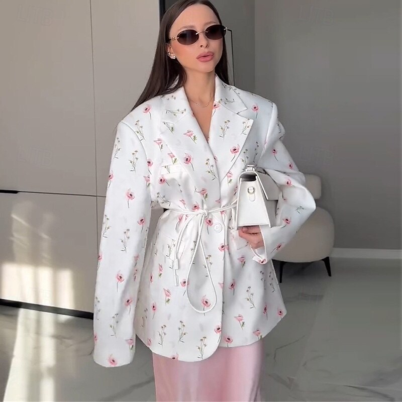 Women's Blazer Comfortable Print Elegant Vintage Fashion Daily Floral Vacation Party Birthday Casual Single Breasted Regular Notch Lapel Loose Fit Long Sleeve Outerwear White Apricot Summer Spring2