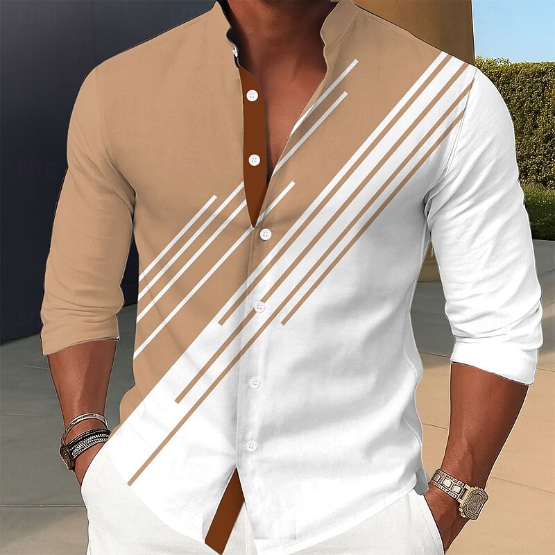 Men's Geometric Line Shirt Stand Collar Shirt Long Sleeve Business Casual Formal Dailywear Spring Fall Mandarin Collar Band Collar 3D Print Button Up Shirts Blue Green Khaki Gray4