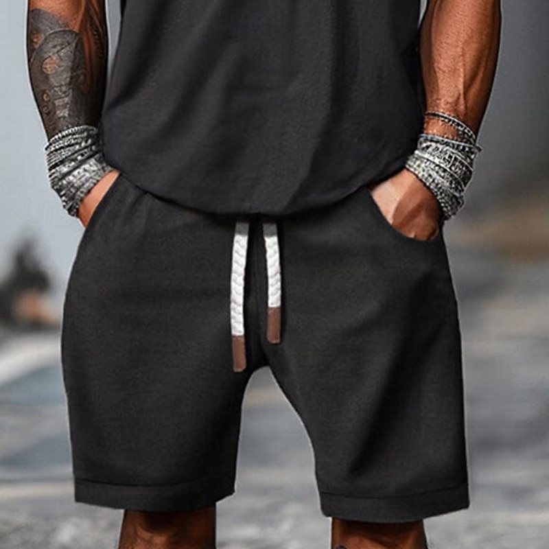 Men's T-shirt Suits 2 Pieces Outfits Tee & Shorts Short Sleeve V Neck Summer Plain Fashion Casual 2 Piece Vacation Daily Wear Going out Black Top Tee for Men3