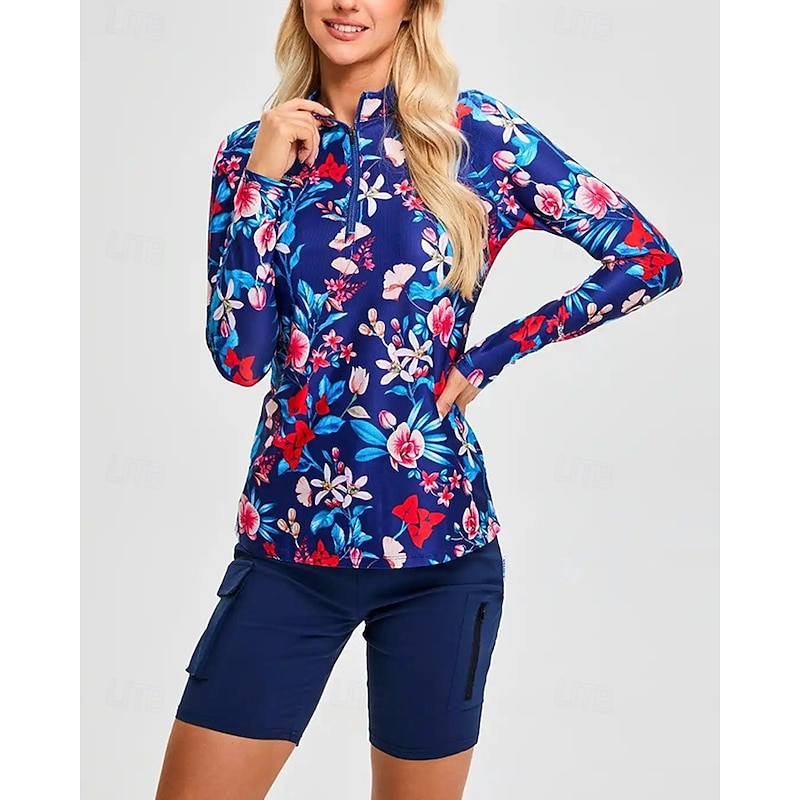 Women's Golf Polo Shirt Tennis Shirt Long Sleeve Print Quarter Zip Pullover UV Protection Elastic Breathable Tennis Golf Pickleball Zip Collar Shirt Polo Dark Blue Tennis Clothing3