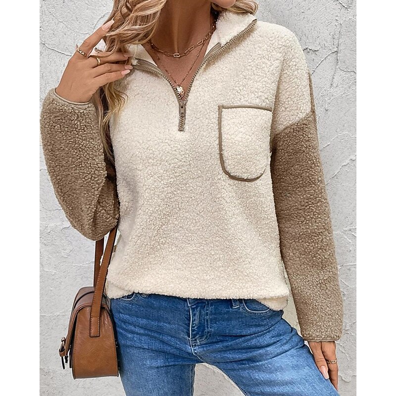 Women's Sweatshirts Zip Up Sweatshirts Color Block Streetwear Casual Sherpa Fleece Long Sleeve High Neck Regular Tops Street Holiday Going out Half Zipper Quarter Zipper Quarter Zip Khaki Winter3