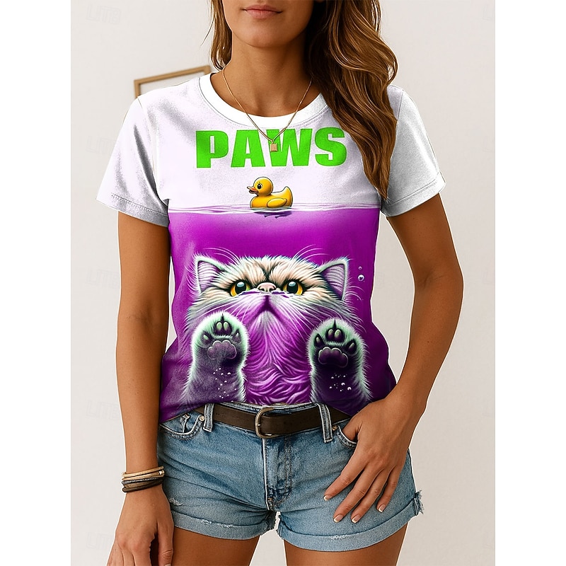 Women's T Shirt Graphic Animal Cat Vintage Stylish Classic Short Sleeve Crew Neck Regular Tops Daily Weekend Print Red Blue Purple Green Summer Spring