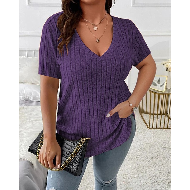 Women's Texture Blouse T Shirt Plain Fashion Modern Short Sleeve V Neck Regular Tops Daily Black Wine Purple Summer4