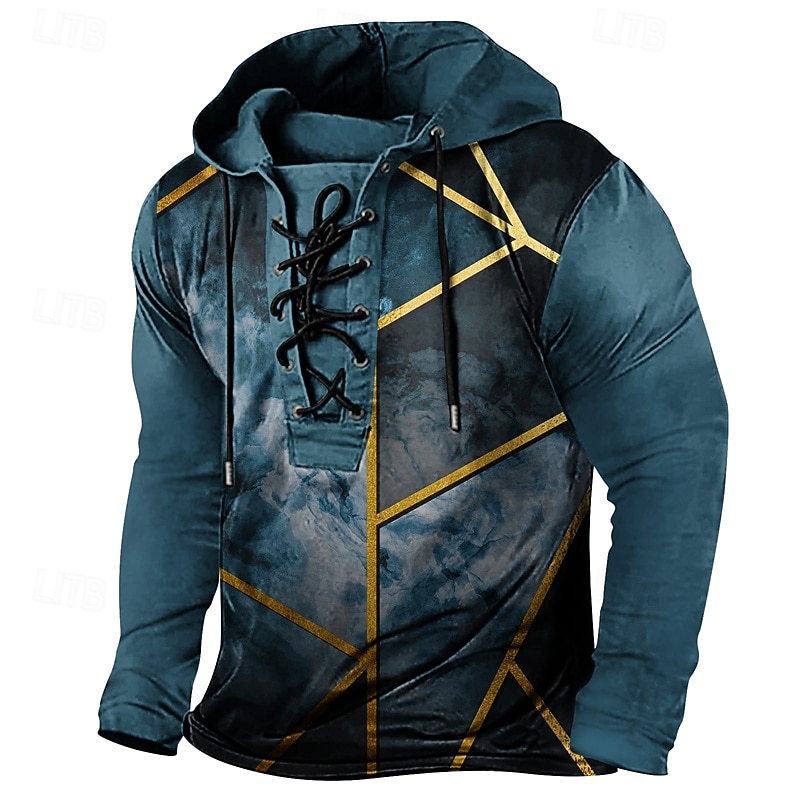 Men's T Shirt Tee Tee Top Long Sleeve Shirt Long Sleeve Hooded Spring Fall Color Block Fashion Designer Basic Lace up Patchwork Vacation Street Going out Black Royal Blue Blue Top Tee for Men2