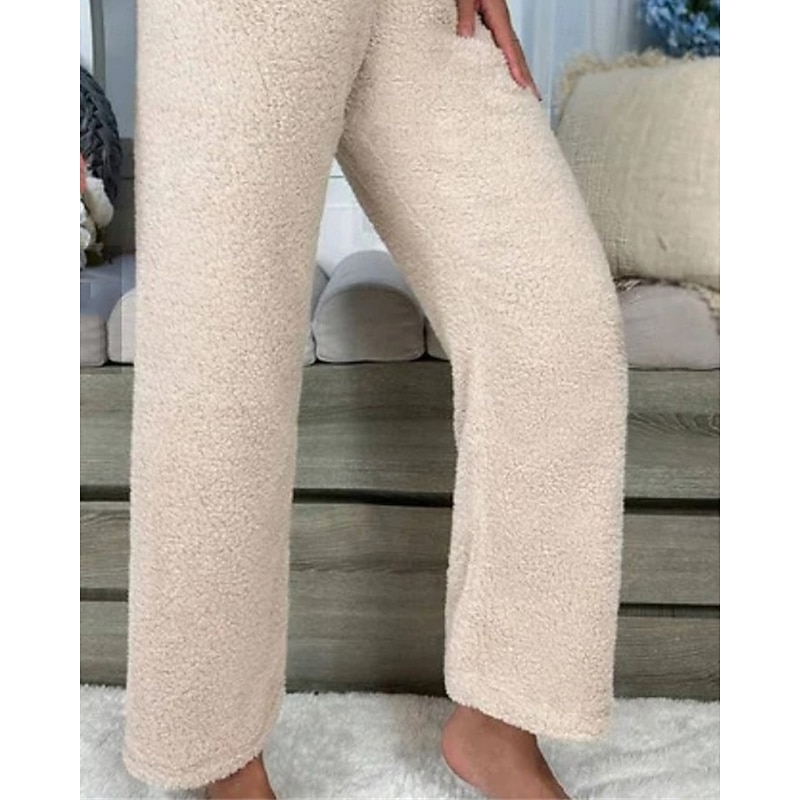 Women's Fleece Pants Trousers Straight Fashion Streetwear Full Length High Waist Plain Elastic Waist Breathability Comfortable Micro-elastic Street Daily Wear Going out Apricot Fall Winter3