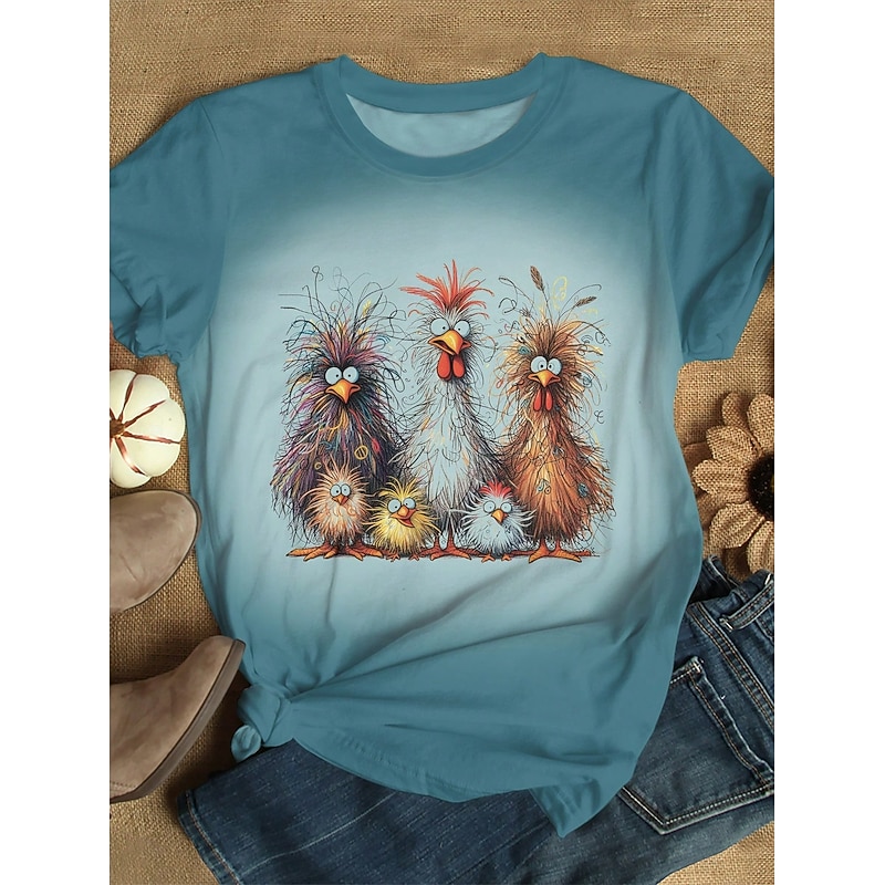 Women's T Shirt Ombre Graphic Rooster Vintage Stylish Classic Short Sleeve Crew Neck Regular Tops Daily Weekend Print Pink Blue Green Khaki Summer Spring