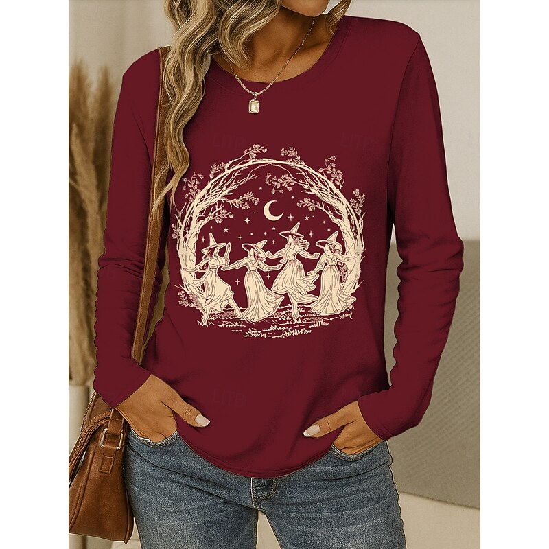Halloween Women's T shirt Witch Crew Neck Long Sleeve Tunic Graphic Vintage Stylish Classic Round Neck Regular Tops Daily Weekend Print Black Wine Blue Purple Green Spring Fall4