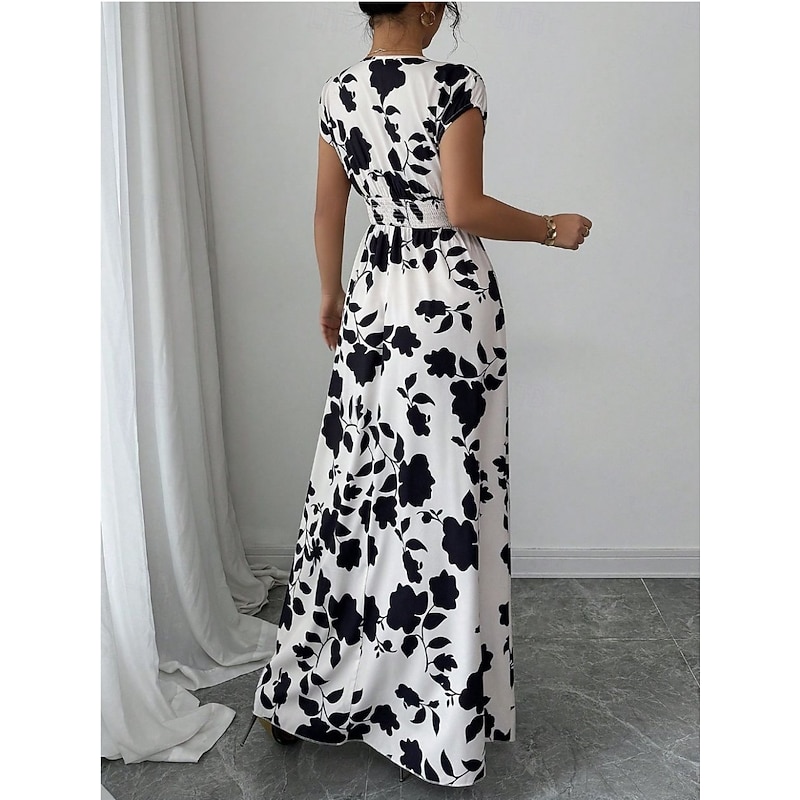 Women's Maxi Dress A Line Dress Vacation Casual Boho Outdoor Going out Standard Fit Floral Short Sleeve V Neck Black Red Blue Orange Summer2