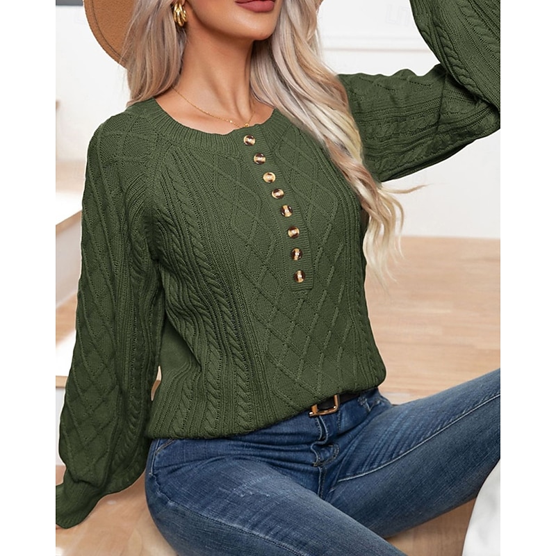 Women's Pullover Casual Solid Color Chunky Crew Neck Knitted Long Sleeve Regular Tops Knit Daily Holiday Going out White Army Green Fall Winter3
