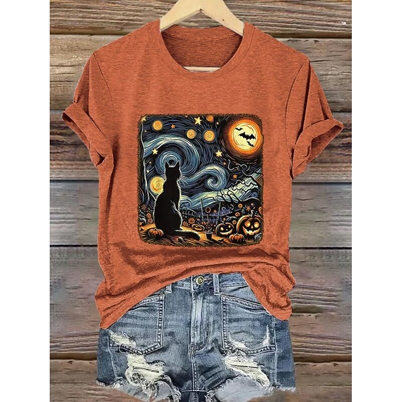 Halloween Women's T shirt Black Cat Graphic Skull Cat Vintage Stylish Classic Short Sleeve Crew Neck Round Neck Regular Tops Daily Weekend Print Black White Blue Orange Gray Summer Fall3
