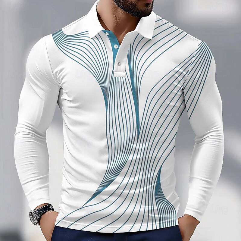 Men's Geometric Line Polo Long Sleeve Polo Shirts Collared Shirts Business Casual Athleisure Daily Wear 3D Print Spring Fall Blue Purple Green2