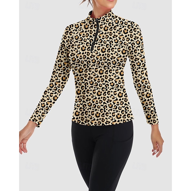 Women's Leopard Golf Polo Shirt Tennis Shirt Long Sleeve Print Quarter Zip Pullover UV Protection Elastic Breathable Tennis Golf Pickleball Zip Collar Shirt Polo Brown Tennis Clothing3