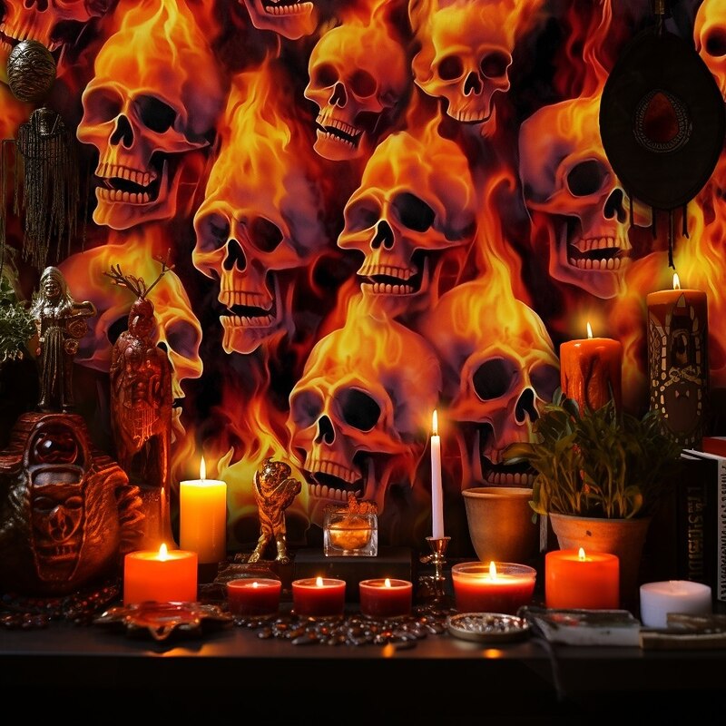 Halloween Flaming Skull Tapestry – Fiery Skeleton Heads Wall Art Backdrop, Scary Gothic Horror Large Hanging Mural Blanket Curtain for Bedroom Living Room  2025 Halloween Home Decoration3