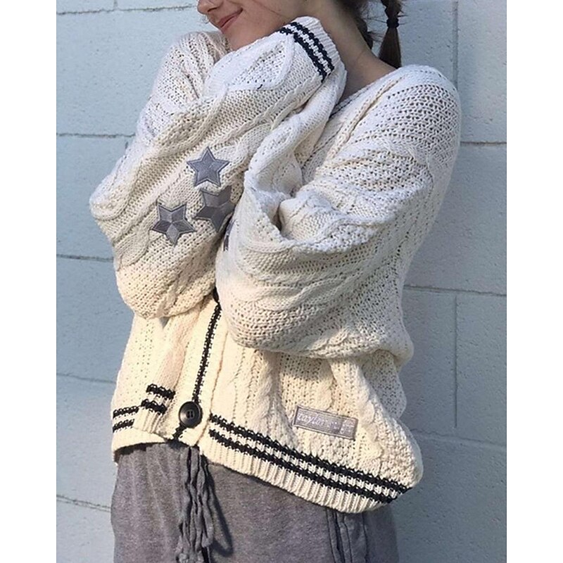 Women's Sweater Cardigan Fashion Streetwear Daily Star Ribbed V Neck Knitted Long Sleeve Regular Tops Knit Holiday Going out Weekend Black Red Fall Winter2