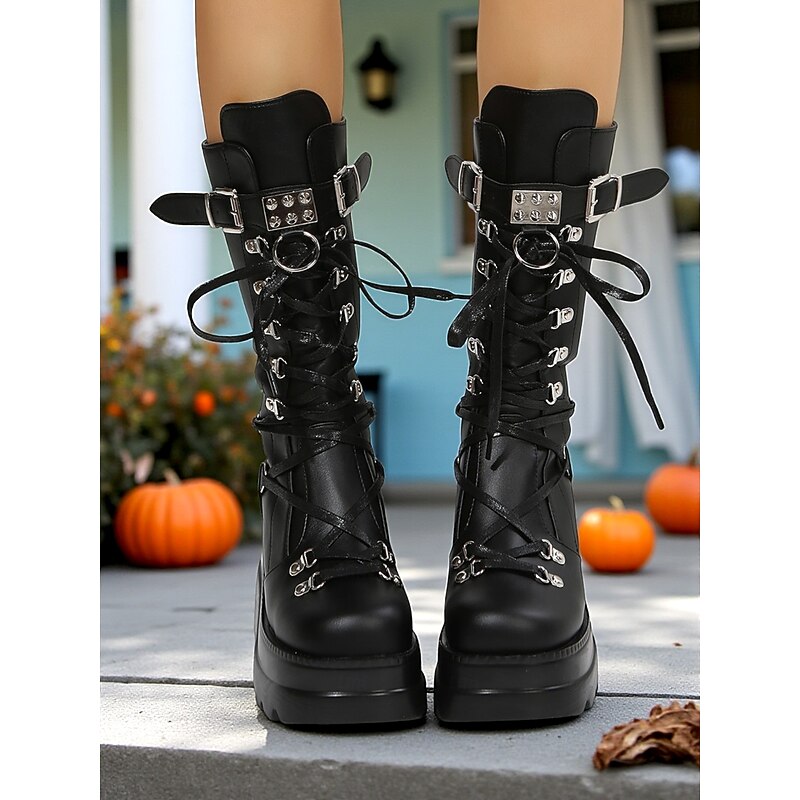 Women's Gothic Punk Platform Knee-High Boots - Black Lace-Up Combat Boots with Buckle and Studded Details for Halloween, Cosplay, and Night Out3