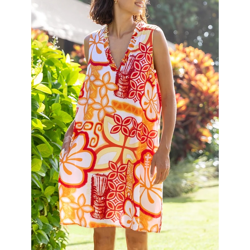 Women's Midi Dress Sundress Shift Dress Ruffle Dress Puff Sleeve Dress Vacation Party Birthday Party Going out Beach Floral Graphic Sleeveless V Neck Blue Orange off-white Summer Spring
