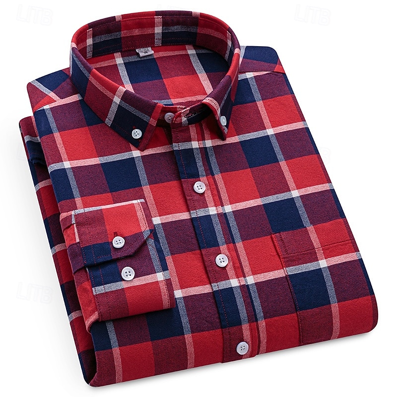 Men's Shirt Dress Shirt Button Down Shirt Oxford Shirt Collared Shirt Plaid / Striped / Chevron / Round Daily Wear Corporate Clothing White Red Dark Navy Blue Long Sleeve Shirt Collar All Seasons