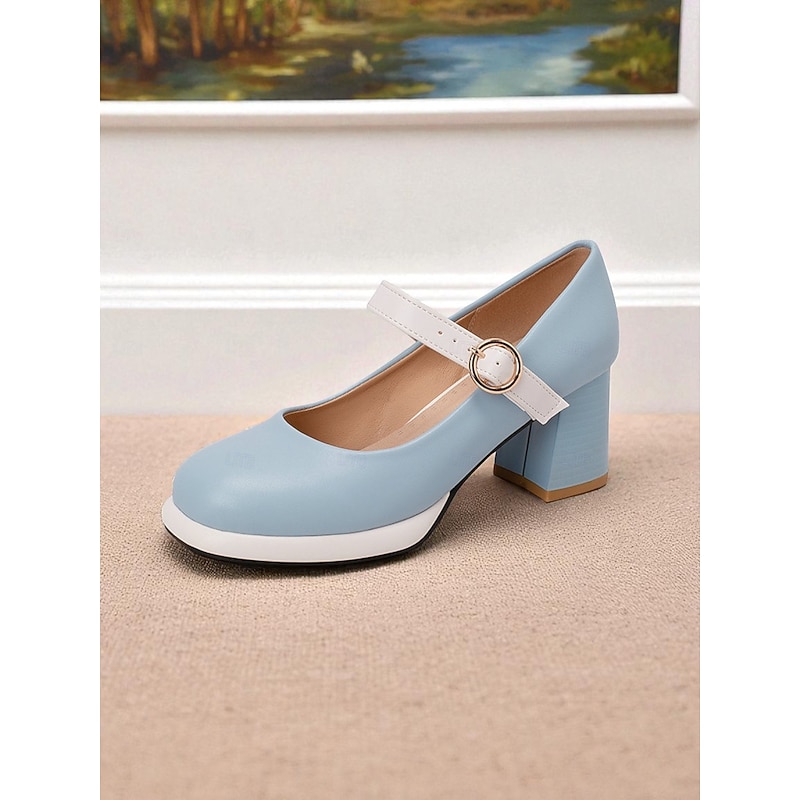 Women's 1950s Mod Mary Jane Heels - Retro Blue and White Round Toe Chunky Heel Shoes with Strap for Vintage Outfits, Tea Parties or Daily Wear