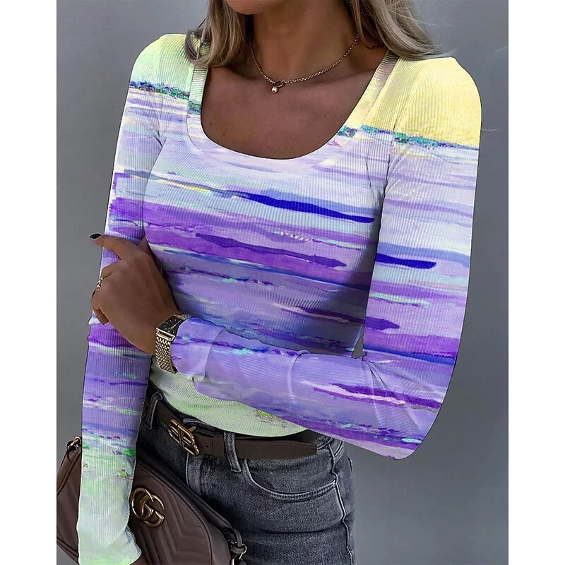 Women's T shirt Long Sleeve Ribbed Graphic Square Neck Long Sleeve Casual Tunic Ombre Vintage Stylish Regular Tops Daily Print Red Blue Purple Green  Spring Fall Prefall3