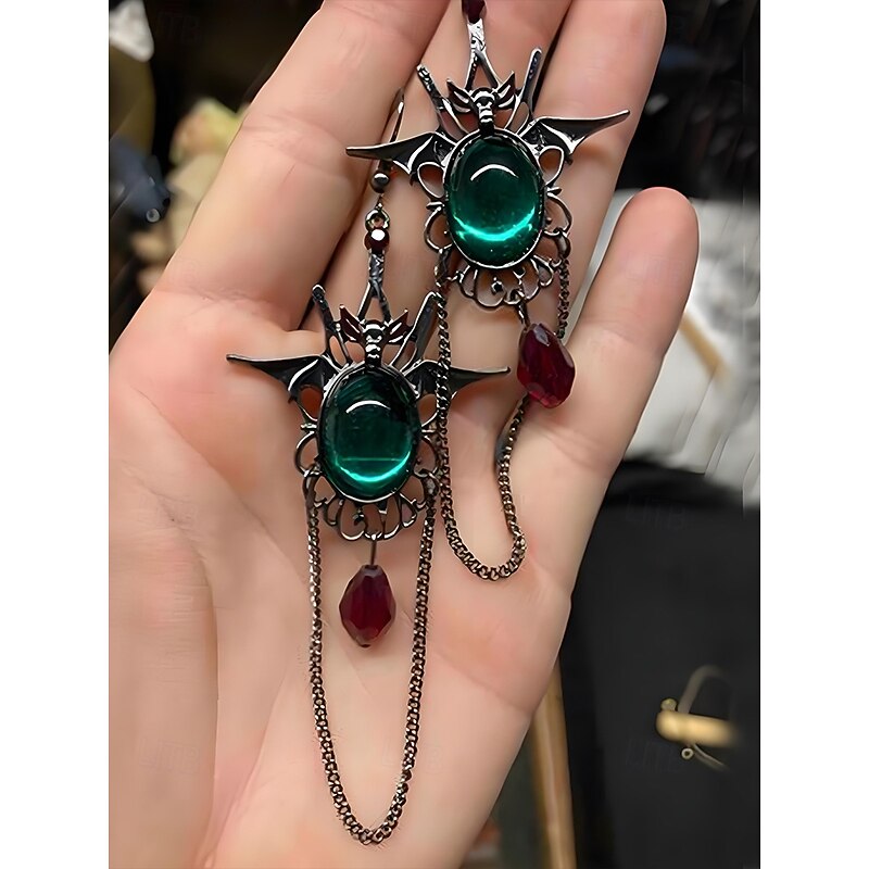Women's Halloween Bat Drop Earrings with Green Gemstone and Red Teardrop, Gothic Vampire Style Jewelry for Costume Party and Cosplay4