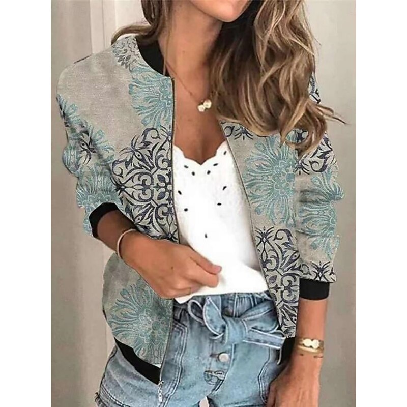 Women's Casual Jacket Comfortable Breathable Zipper Print Casual Floral Vacation Street Daily Wear Going out Zipper Regular Stand Collar Regular Fit Long Sleeve Outerwear Black Red Blue Summer Spring2