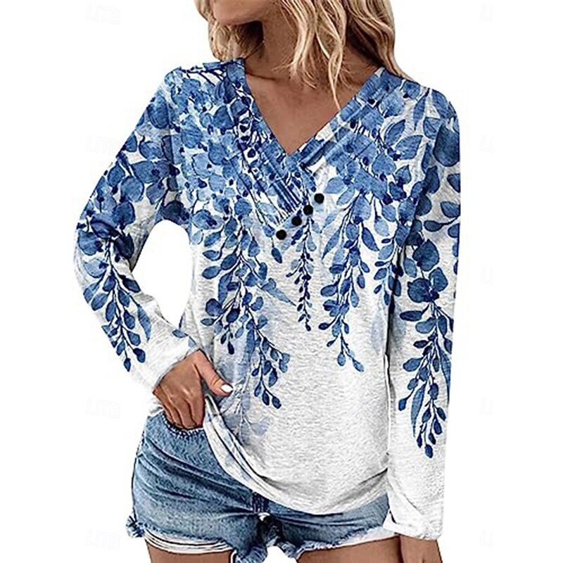 Women's Blouse Floral Stylish Modern Long Sleeve V Neck Regular Tops Daily Holiday Buttons Print Light Green Royal Blue Blue Brown Green Summer Spring Fall4